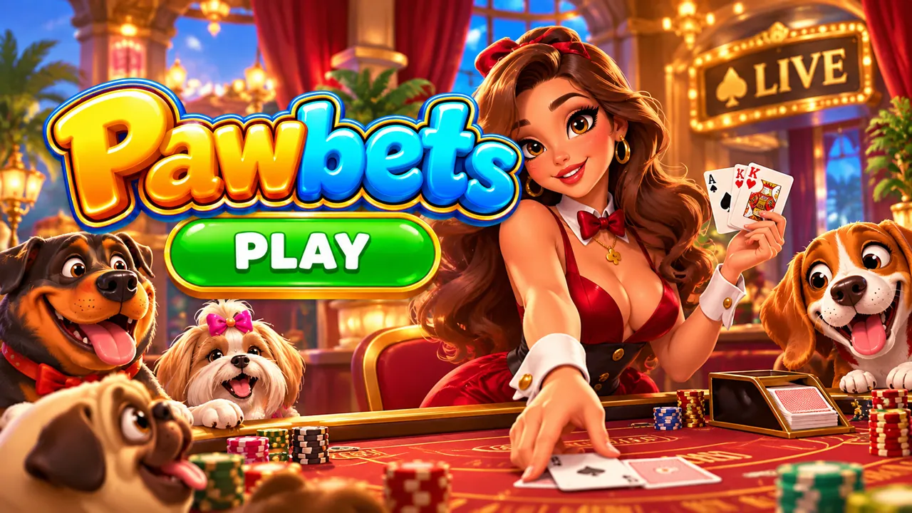 Live casino dealer at a card table with cartoon dogs watching