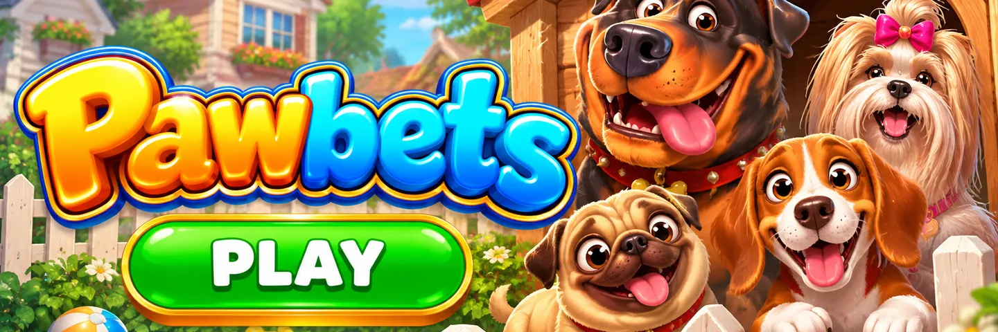 Cartoon dogs in a sunny back garden next to a green play button